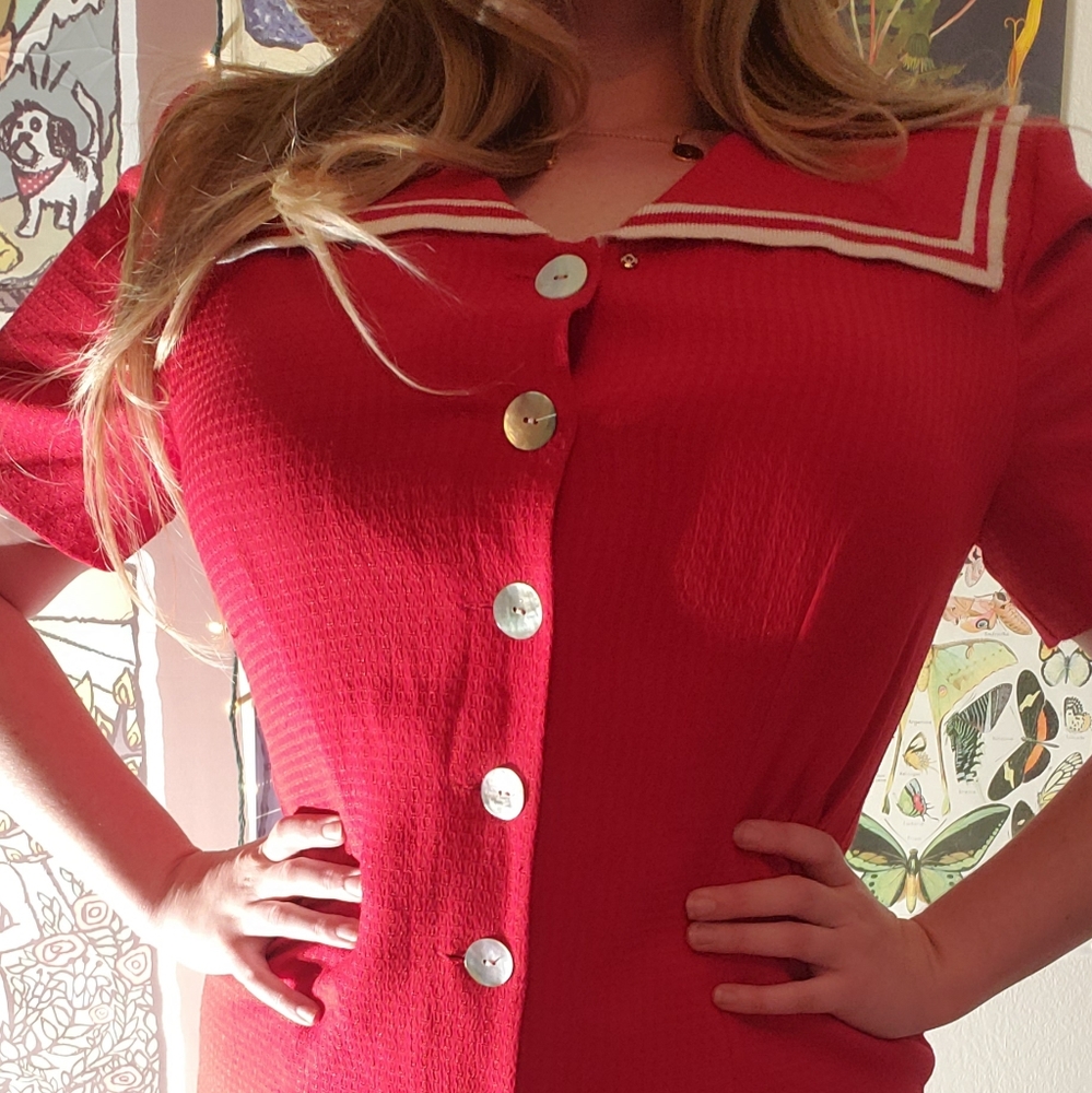 Vintage Cherry Red Sailor Maxi Dress